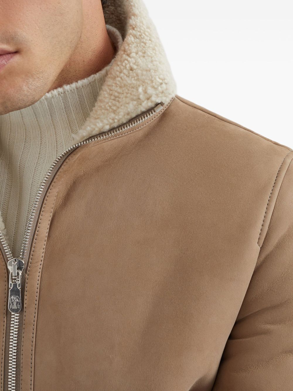 shearling-collared suede jacket