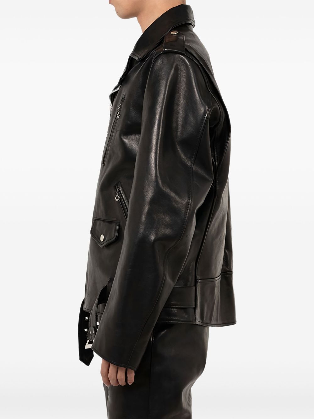 zip-up belted leather jacket