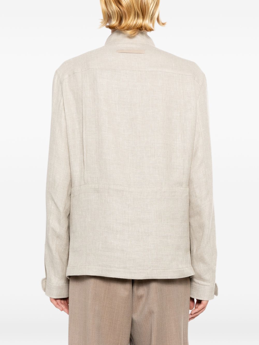 stand-collar flap-pocket jacket