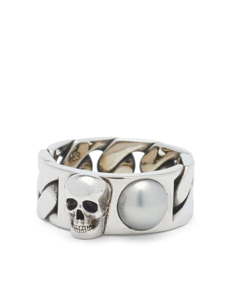 Skull Pearl-Embellished Chain Ring