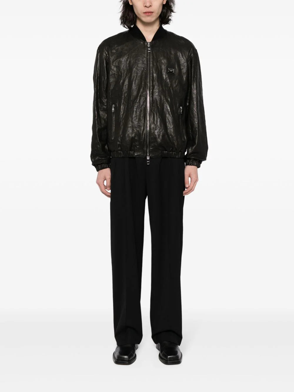 Crinkled Leather Bomber Jacket