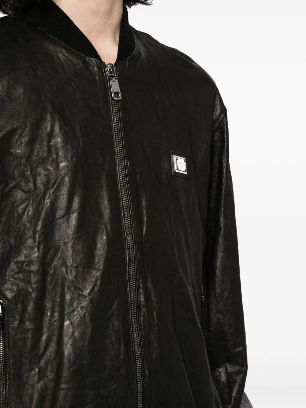 Crinkled Leather Bomber Jacket