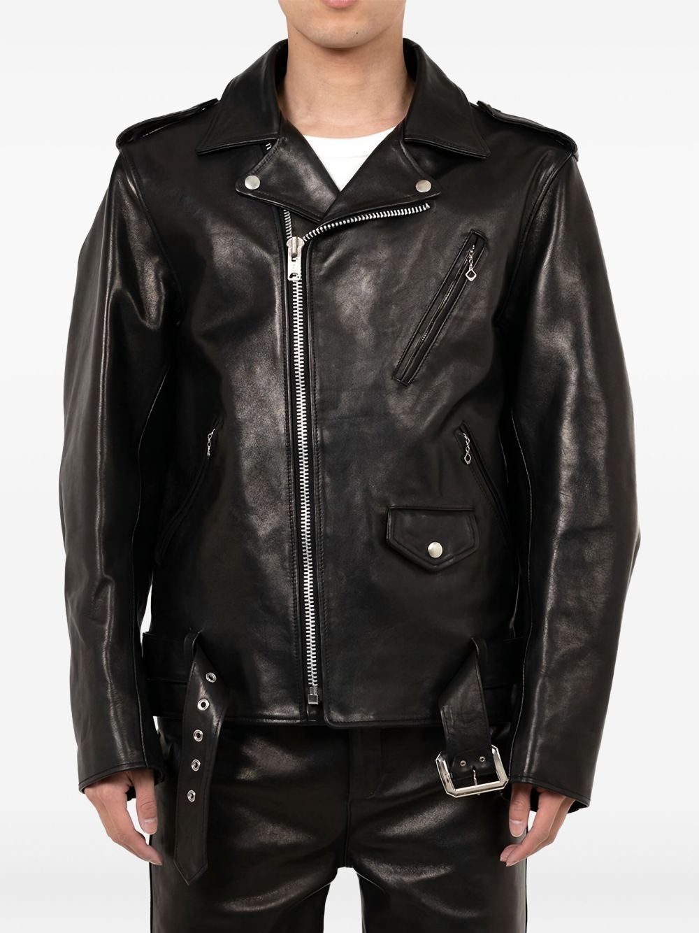 zip-up belted leather jacket