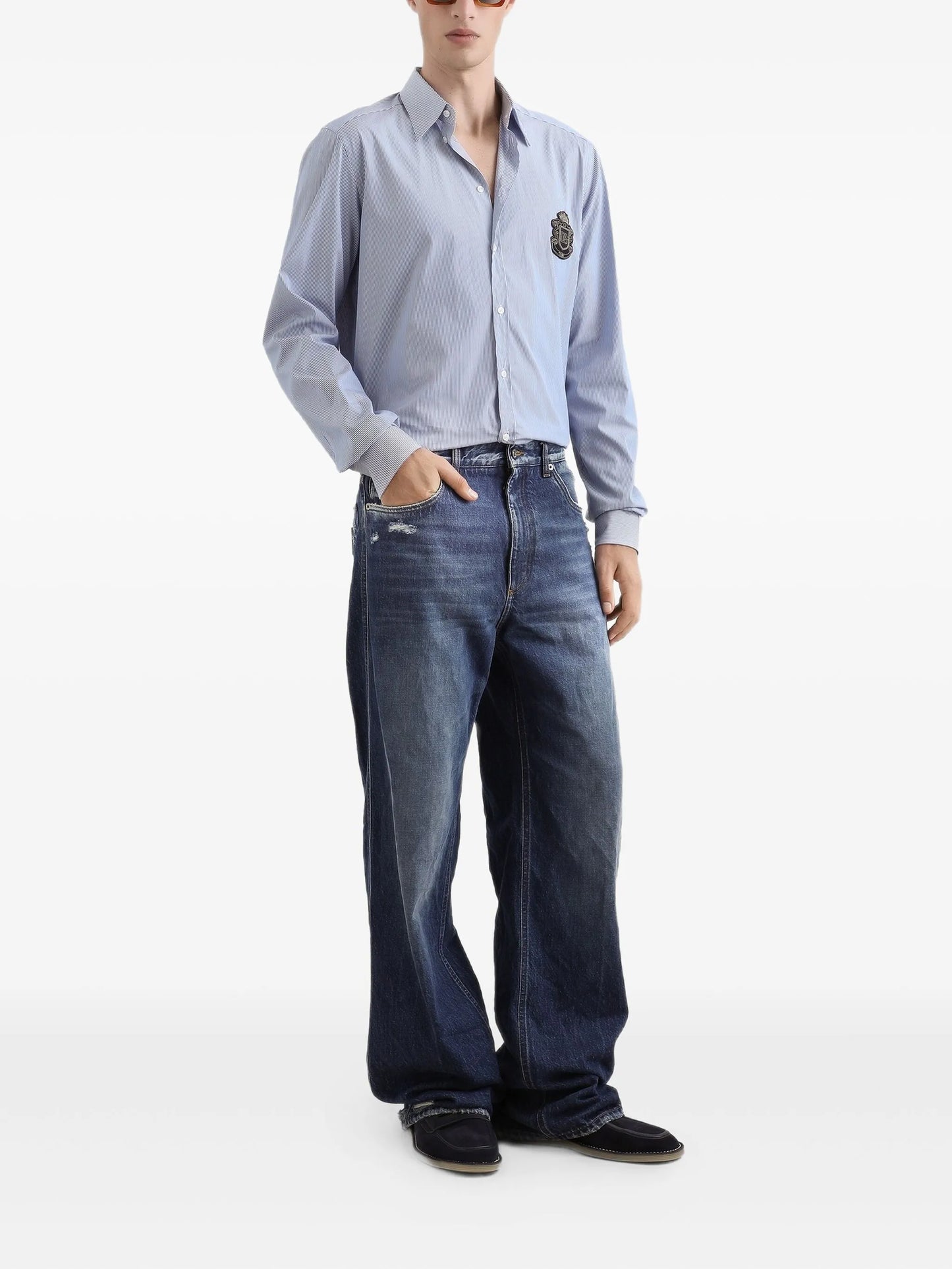 Striped-Pattern Crest-Appliqué Shirt