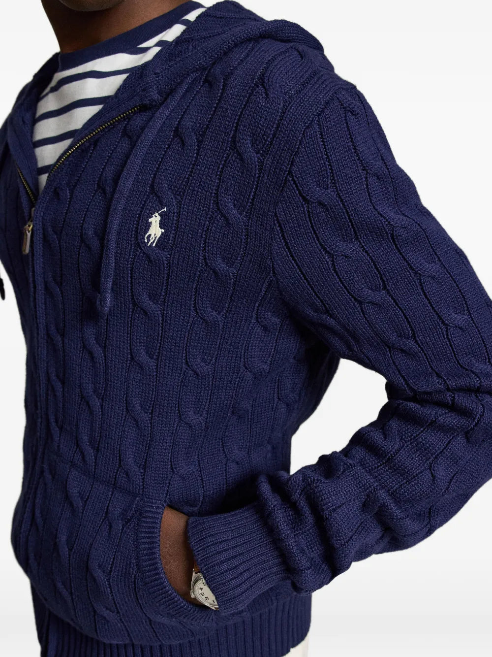 cable-knit zip-up hooded cardigan