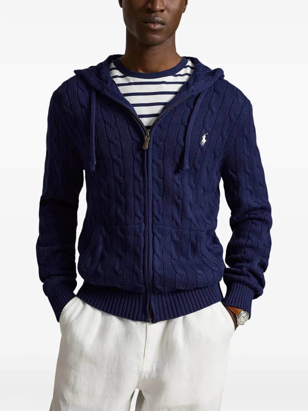 cable-knit zip-up hooded cardigan