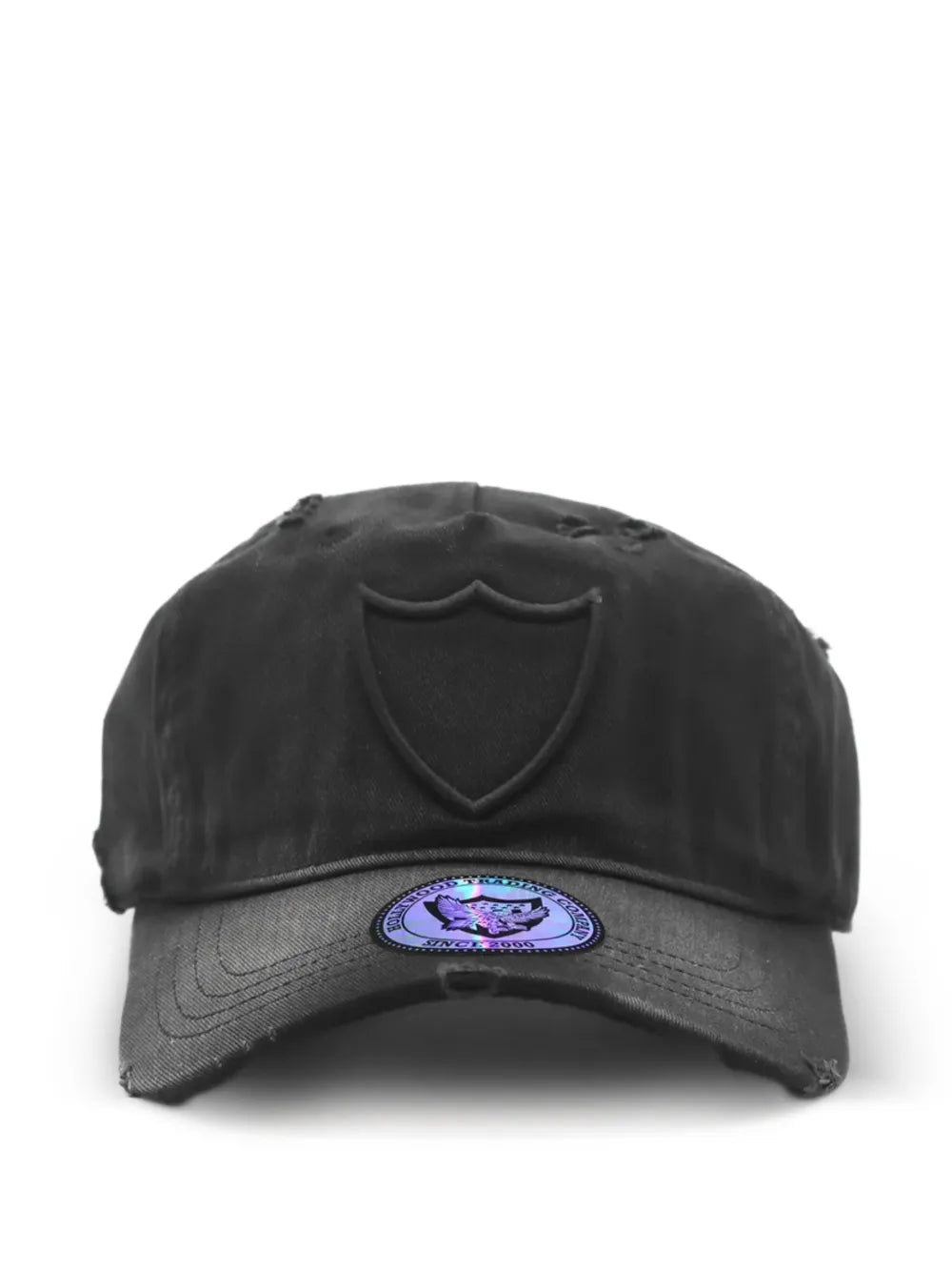distressed shield-logo baseball cap