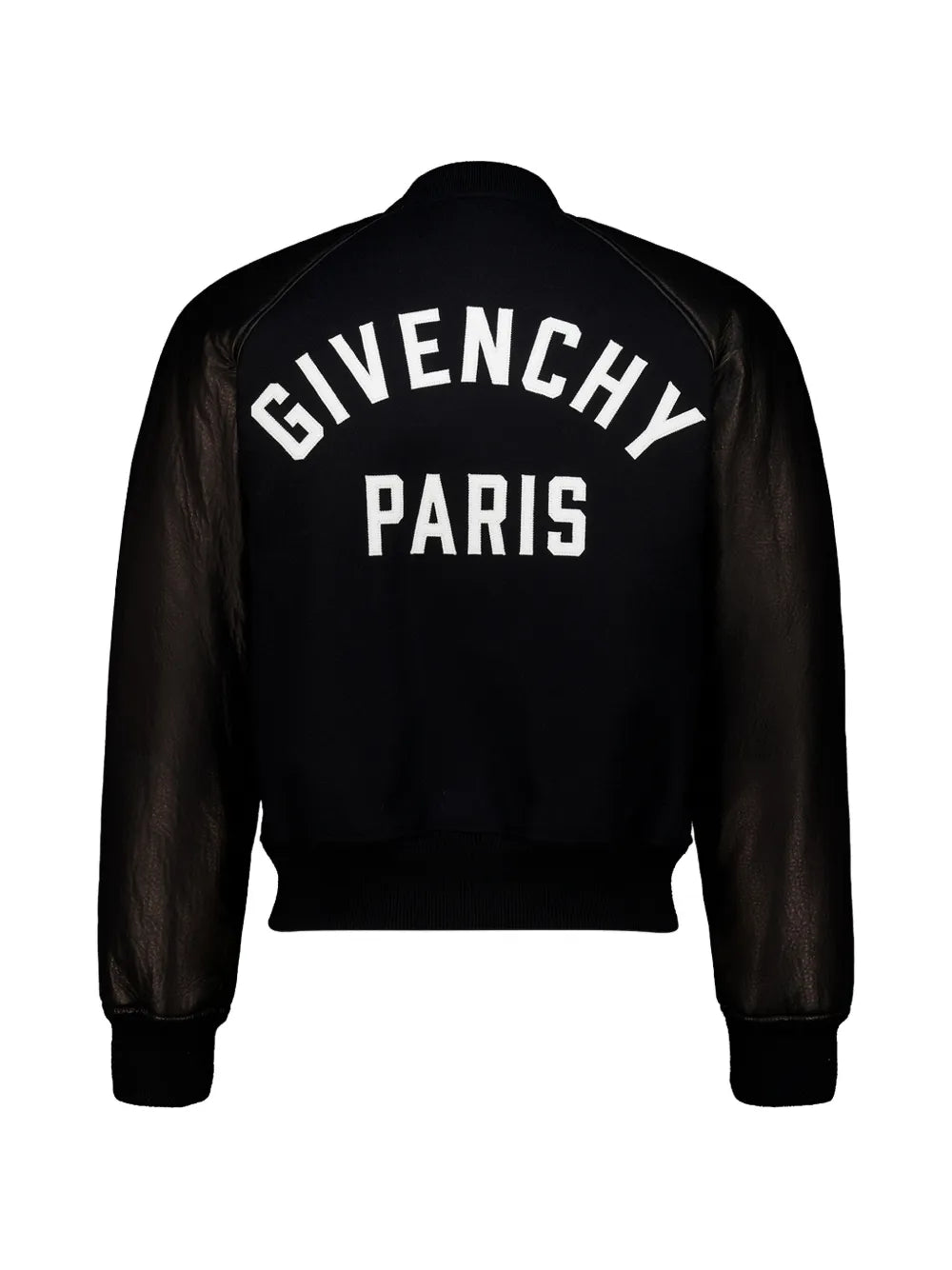 leather-sleeved wool bomber jacket