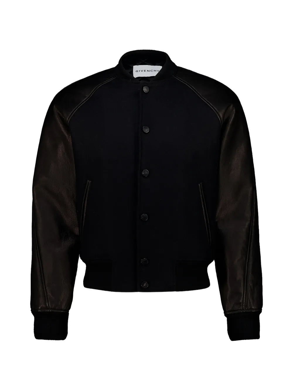 leather-sleeved wool bomber jacket