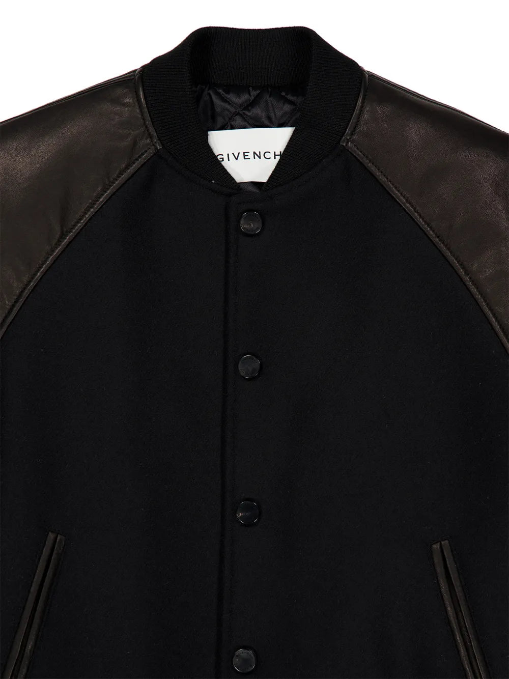 leather-sleeved wool bomber jacket