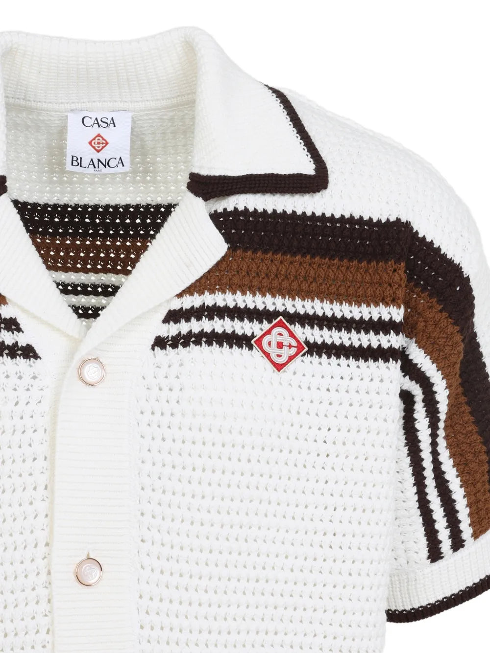 white & brown Tennis Stripe crochet short sleeve shirt
