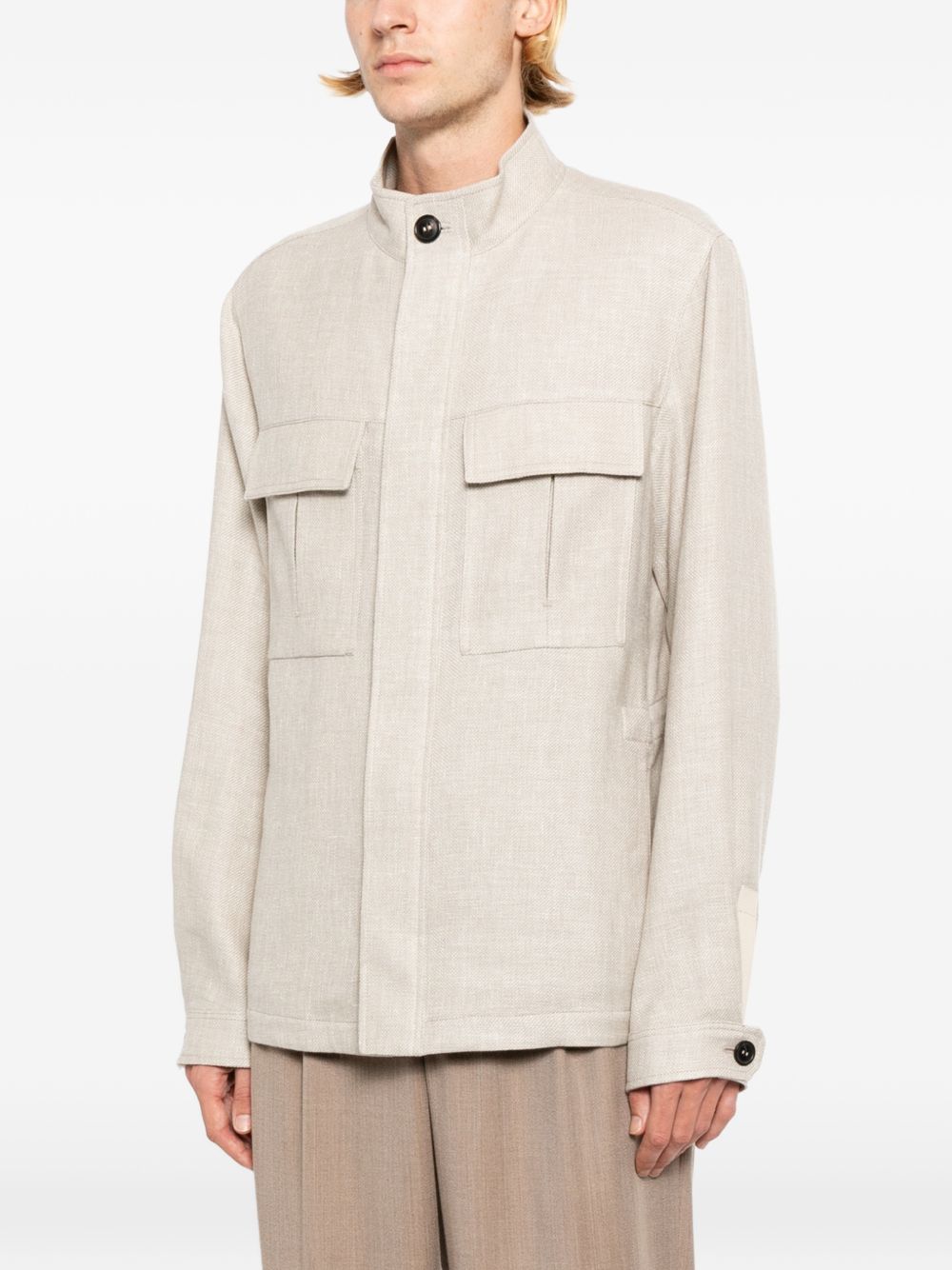 stand-collar flap-pocket jacket
