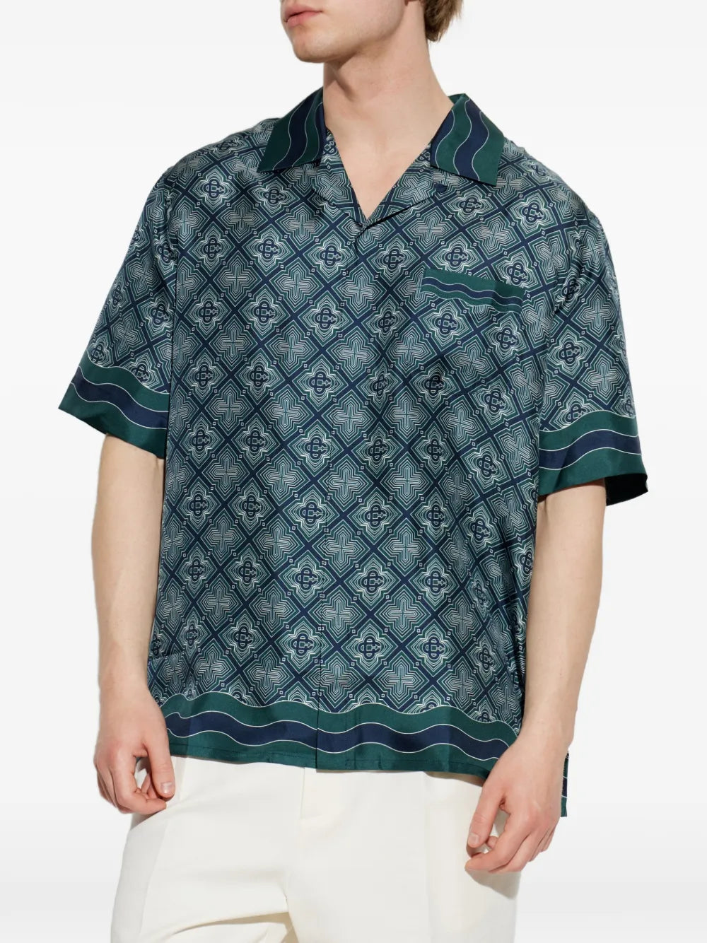 dark green Radiating monogram short sleeve silk shirt