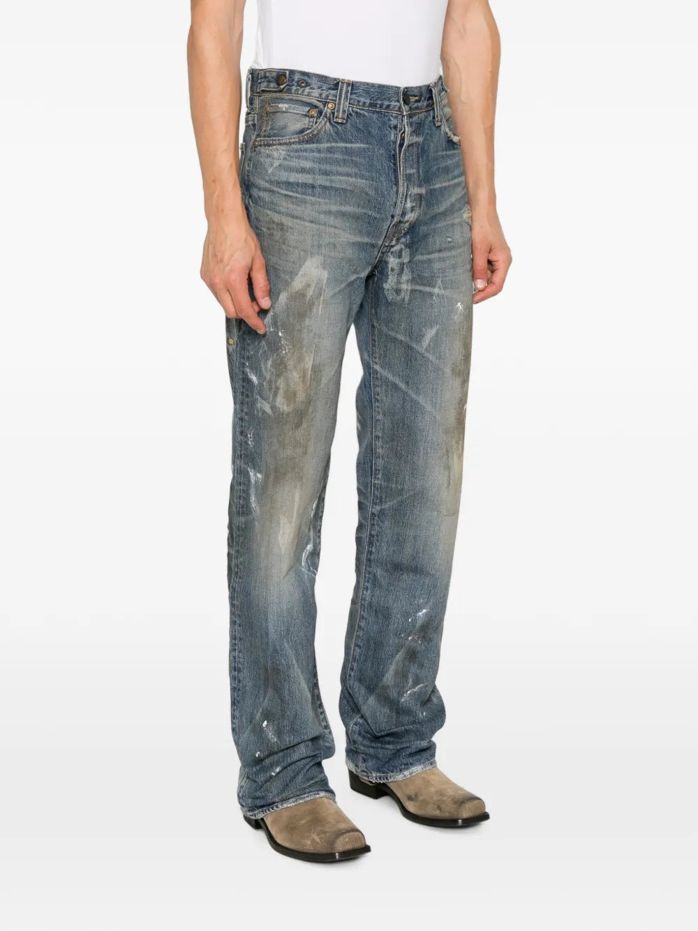 distressed paint-splatter jeans