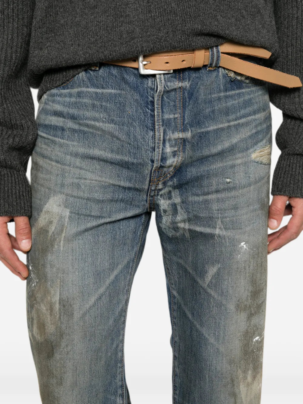 distressed paint-splatter jeans