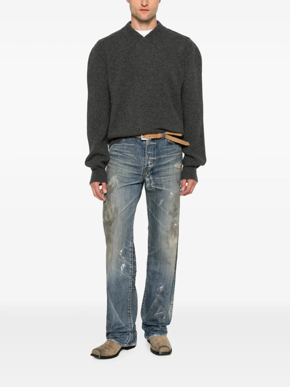 distressed paint-splatter jeans