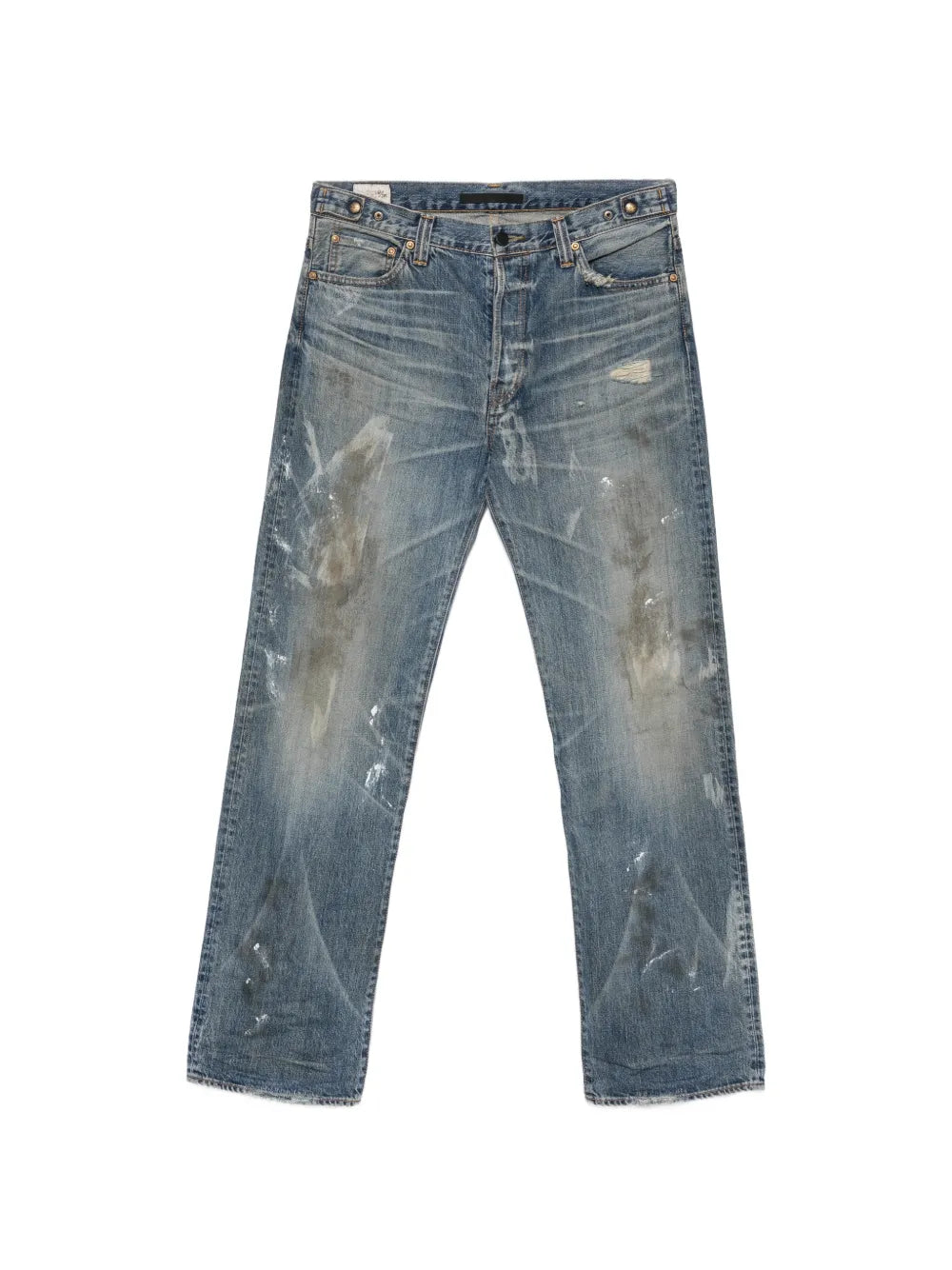 distressed paint-splatter jeans