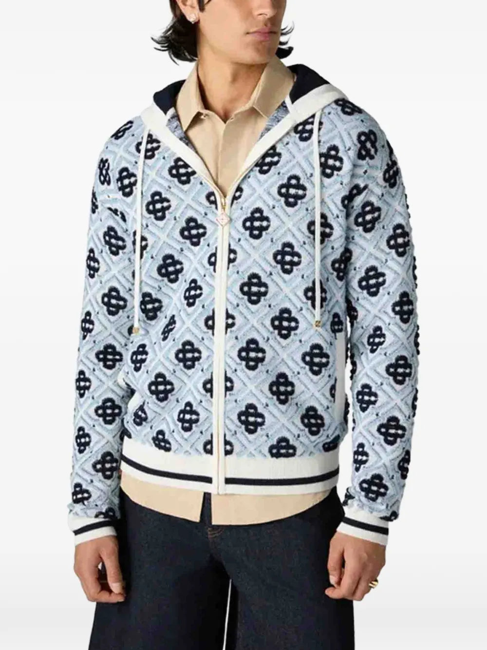 blue merino monogram zip‑up hooded sweatshirt