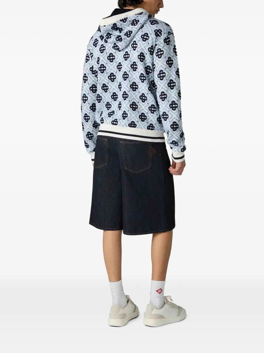 blue merino monogram zip‑up hooded sweatshirt