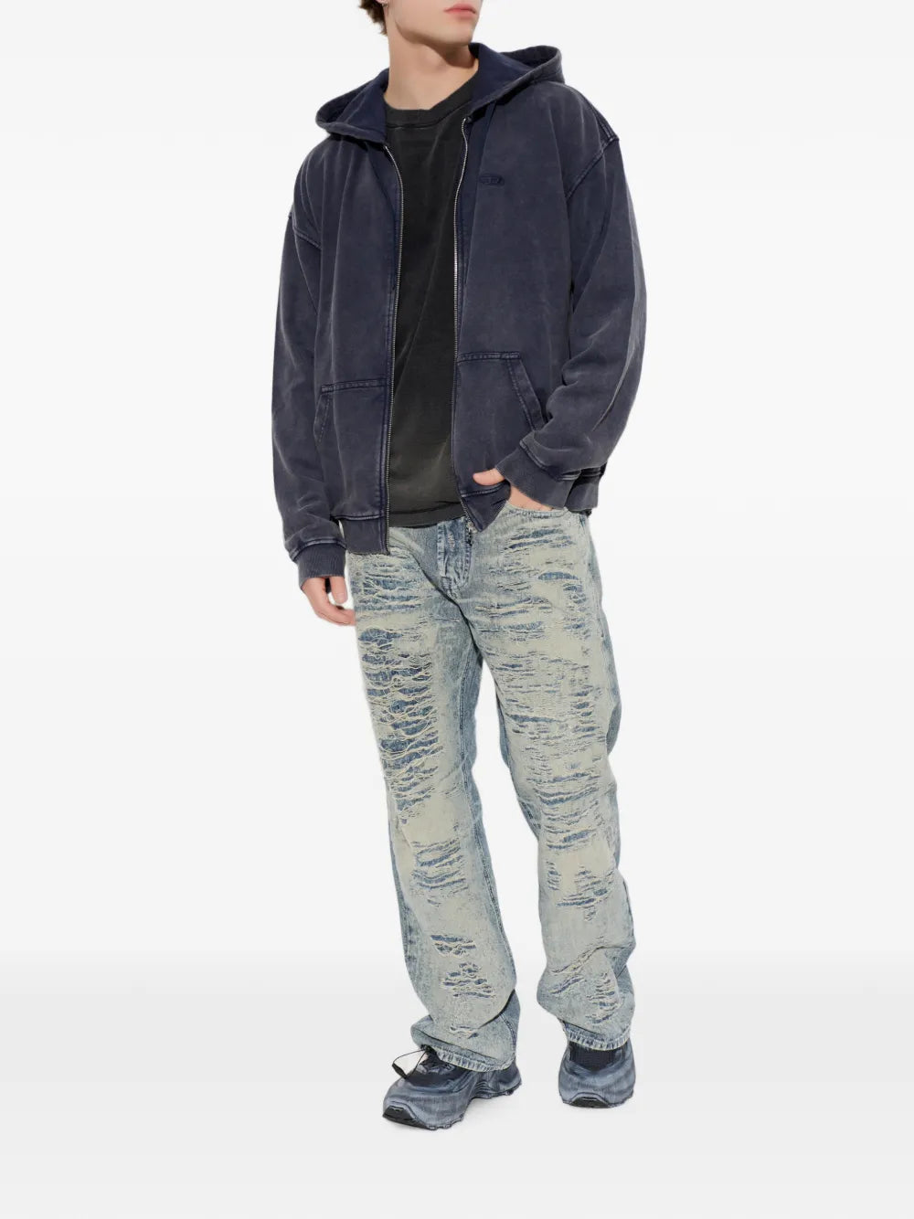 zip-up hoodie in treated cotton fleece
