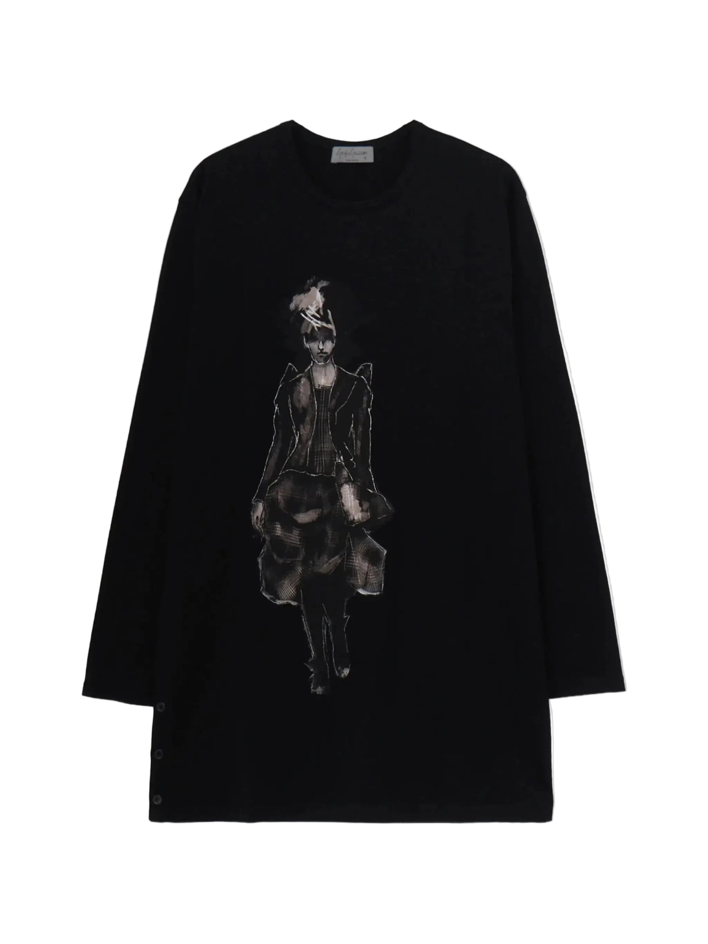 Graphic-Print Button-Slit Long-Sleeved T-Shirt