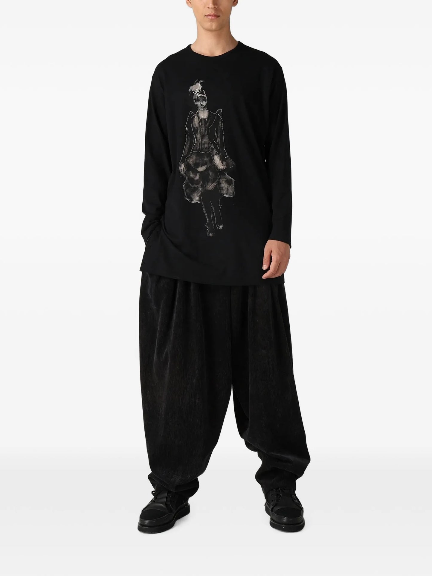 Graphic-Print Button-Slit Long-Sleeved T-Shirt