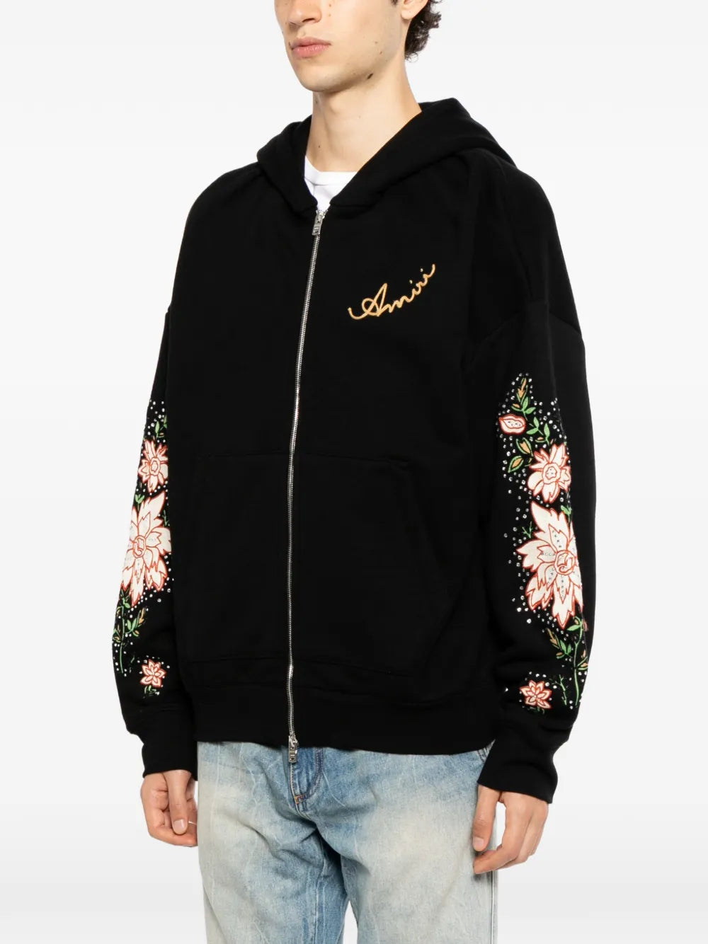 floral-embroidered zip hoodie