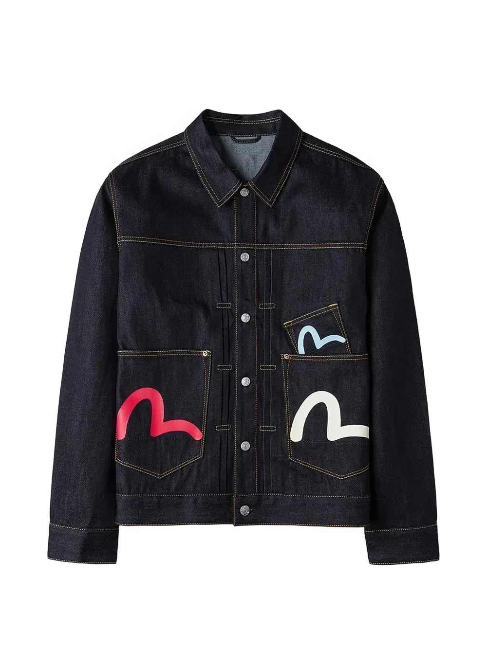 Seagull-print multi-pocket denim jacket