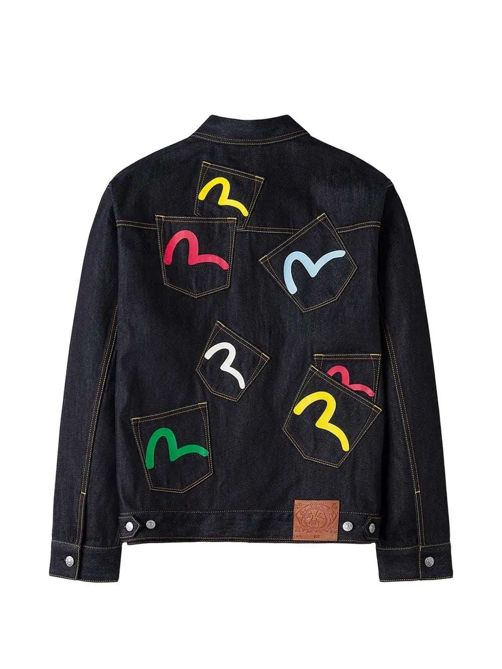 Seagull-print multi-pocket denim jacket