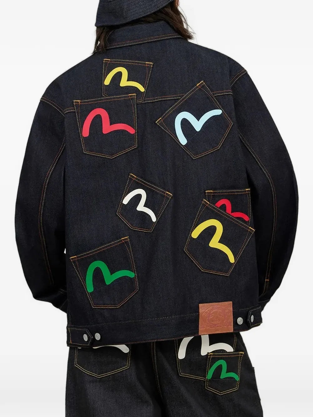 Seagull-print multi-pocket denim jacket