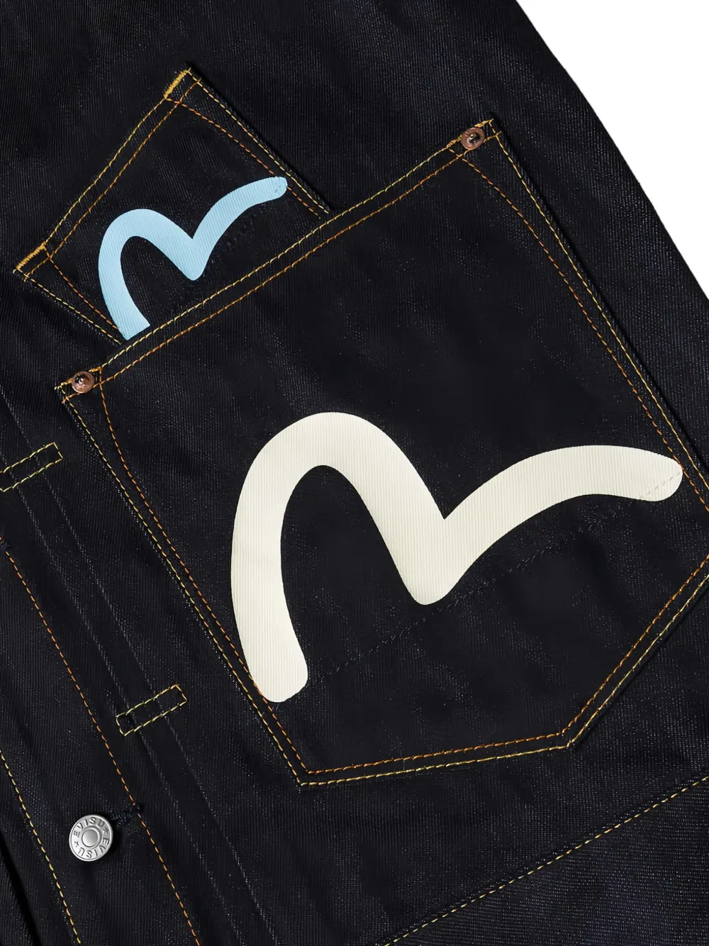 Seagull-print multi-pocket denim jacket
