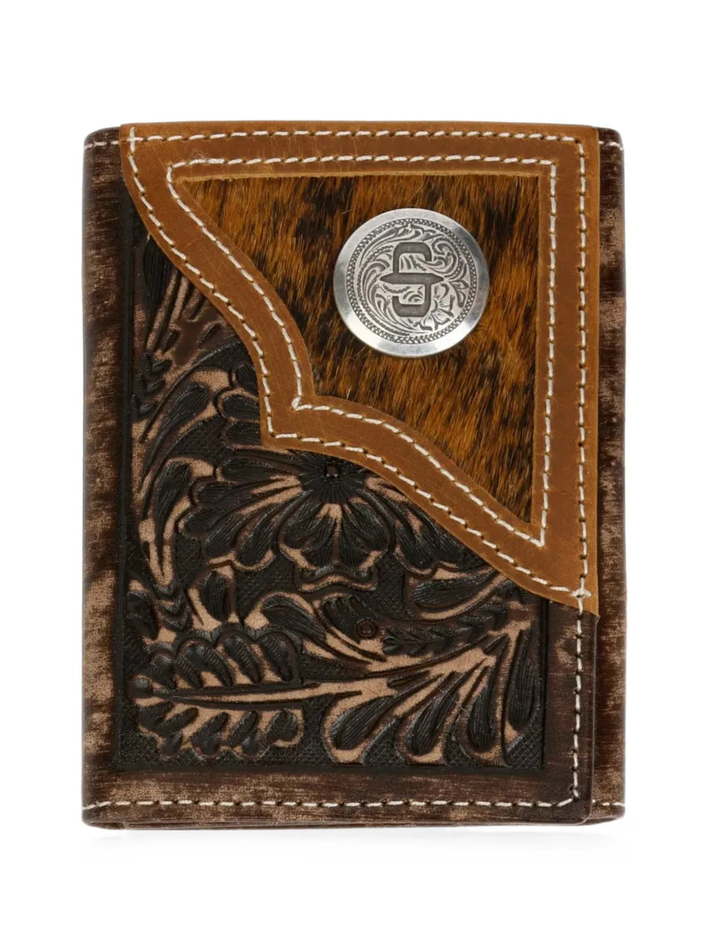 hair-on-hide inlay tooled-leather wallet
