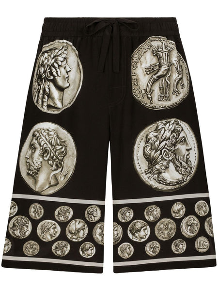 Roman-Coin Print Silk Bermuda Shorts