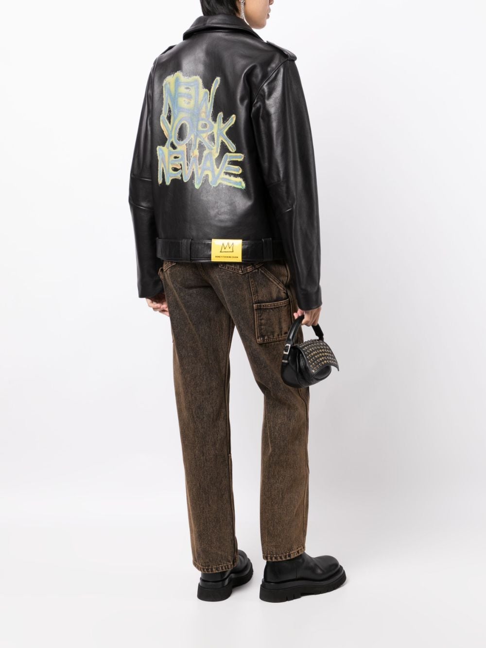 Slogan-Print Leather Biker Jacket